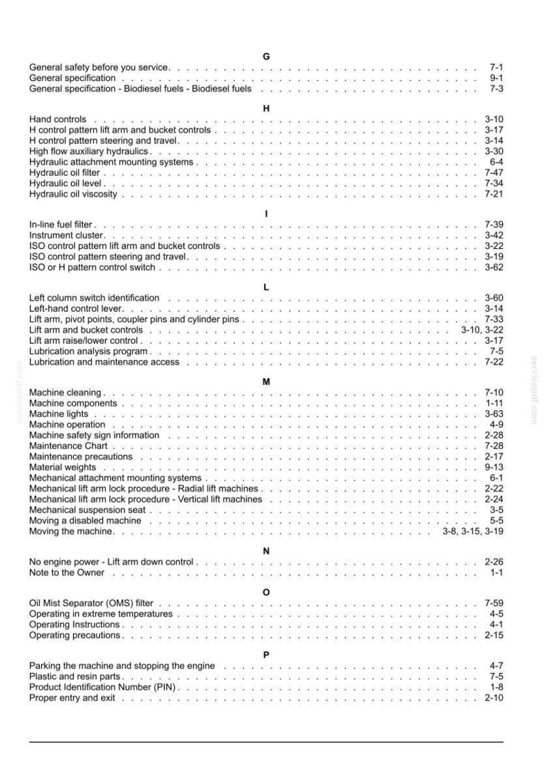 May include: A black and white index page from a technical manual, organized alphabetically from G to P. The text lists various machine maintenance, safety, and operational topics, each followed by a corresponding page number for reference.