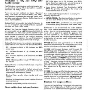 May include: A technical document page titled 7-MAINTENANCE containing information about biodiesel fuel usage in New Holland products. The text details fuel specifications, ASTM standards, and warnings regarding engine compatibility and warranty.
