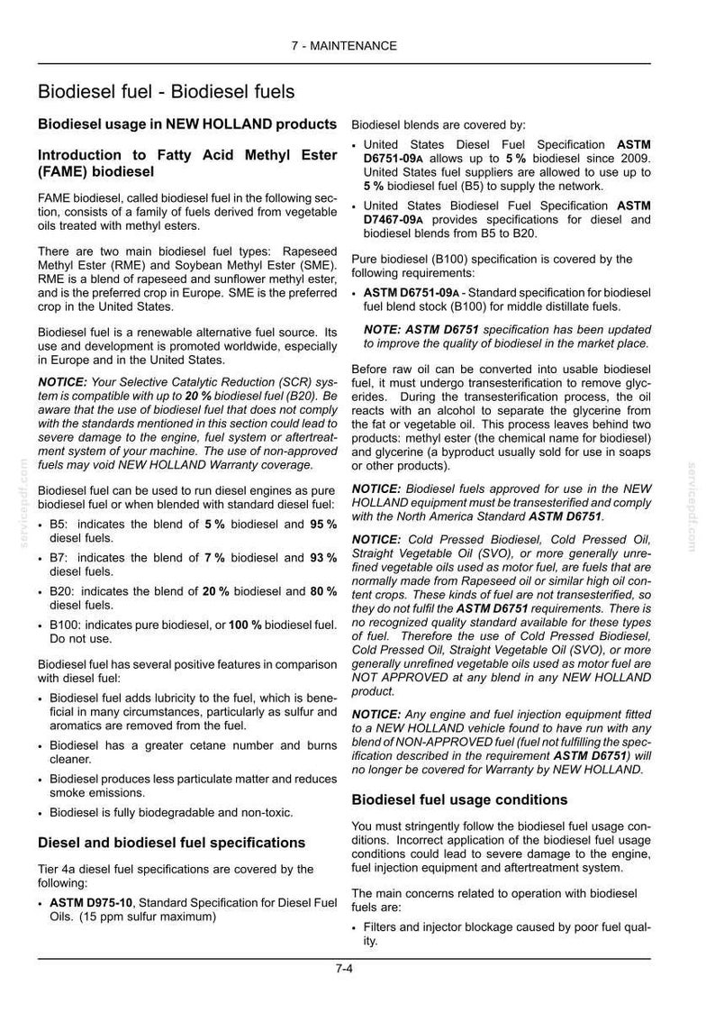 May include: A technical document page titled 7-MAINTENANCE containing information about biodiesel fuel usage in New Holland products. The text details fuel specifications, ASTM standards, and warnings regarding engine compatibility and warranty.