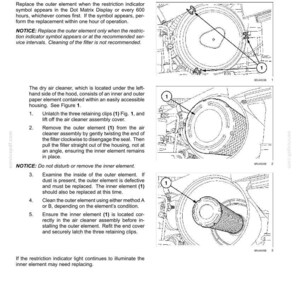 以下が含まれることがあります： 7-MAINTENANCE、WHEN THE WARNING LAMP LIGHTS、CHANGE THE ENGINE AIR CLEANER OUTER ELEMENTというタイトルの技術マニュアルページ。番号付きの指示と、エアクリーナーアセンブリを示す3つの白黒の線画が含まれています。