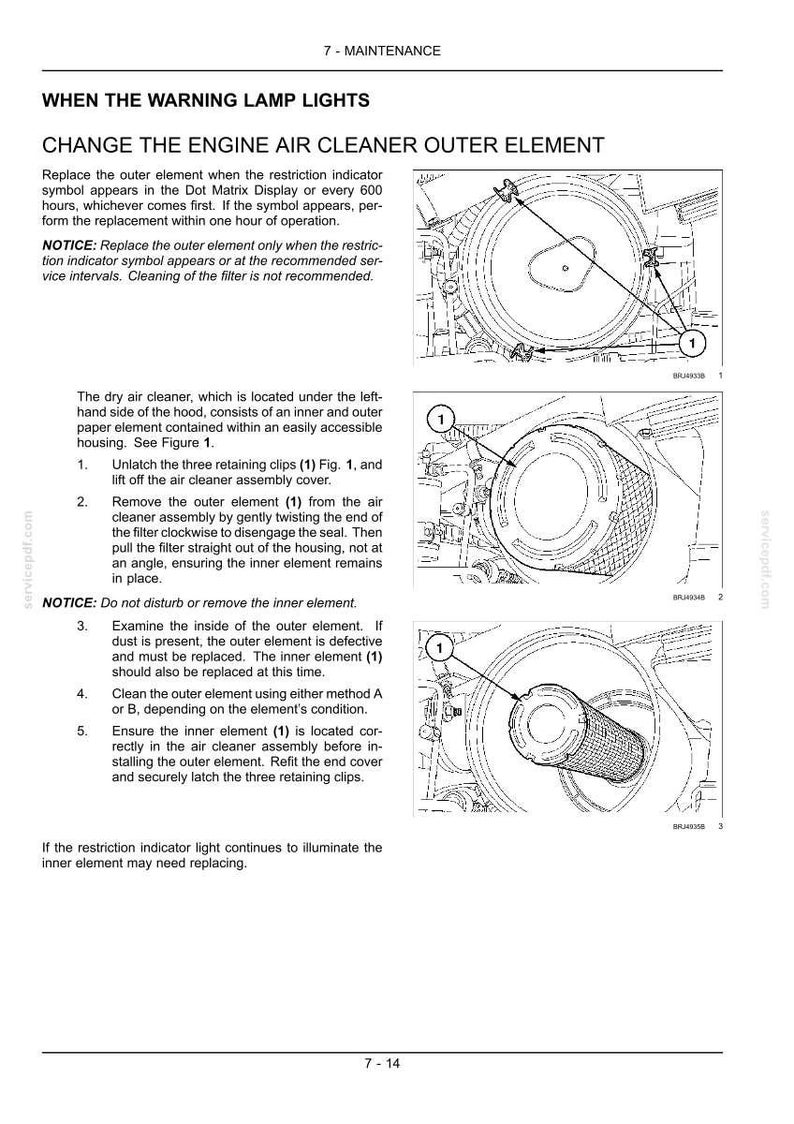以下が含まれることがあります： 7-MAINTENANCE、WHEN THE WARNING LAMP LIGHTS、CHANGE THE ENGINE AIR CLEANER OUTER ELEMENTというタイトルの技術マニュアルページ。番号付きの指示と、エアクリーナーアセンブリを示す3つの白黒の線画が含まれています。