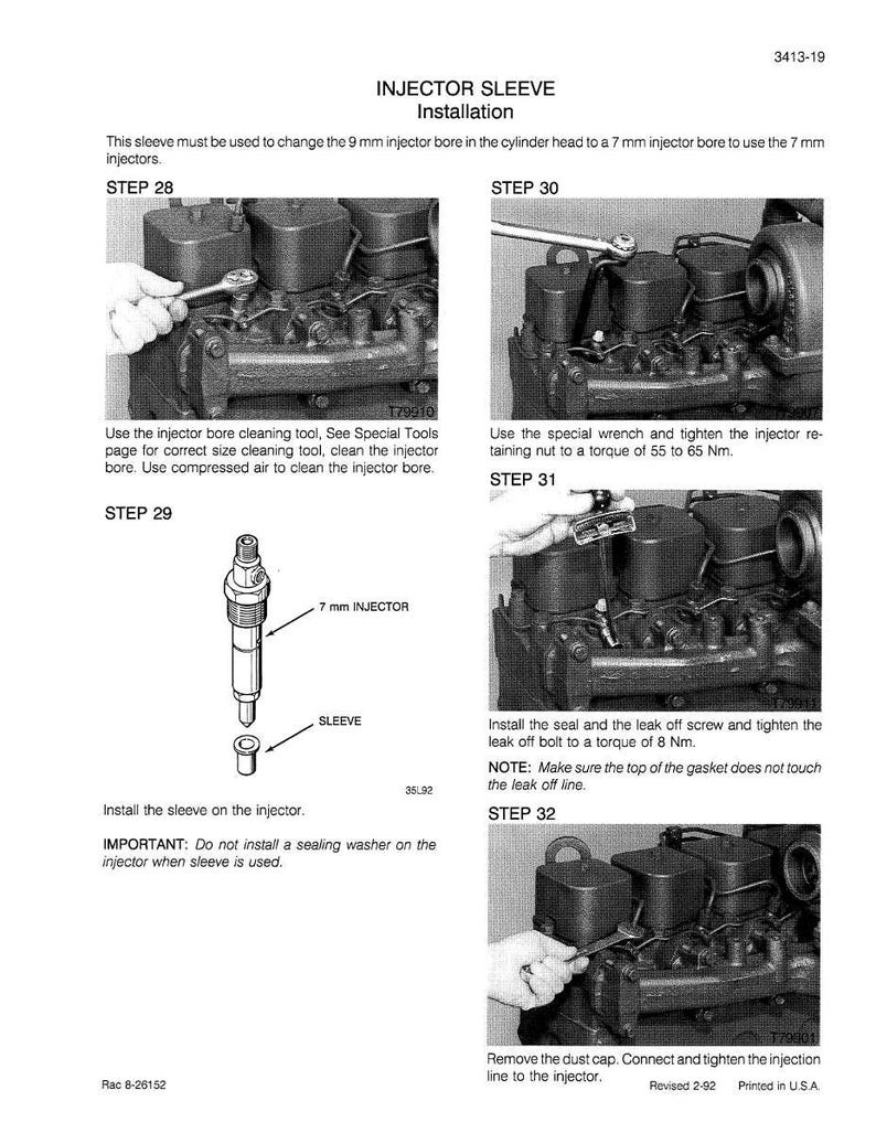 May include: Diagram of injector sleeve installation steps. Includes images of tools and components, with text instructions for each step. The text includes measurements in Nm and mm.