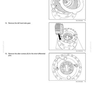 May include: Diagram of a front axle system, detailing the removal of parts. Includes illustrations of a separator, friction plates, left-hand side gear, and allen screws. Text instructions accompany each step for clarity.