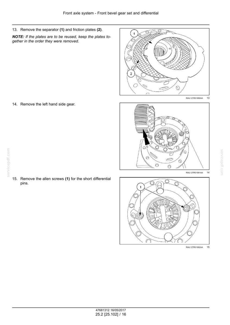 May include: Diagram of a front axle system, detailing the removal of parts. Includes illustrations of a separator, friction plates, left-hand side gear, and allen screws. Text instructions accompany each step for clarity.