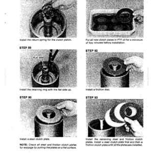 May include: A black and white technical diagram with instructions for assembling a mechanical component. The diagram includes steps for installing clutch plates, retaining rings, and friction discs. Text includes "Install the return spring for the clutch piston."
