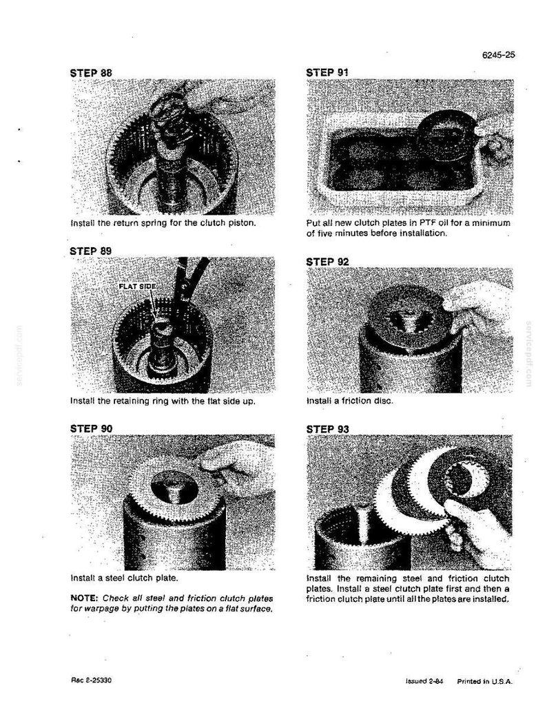 May include: A black and white technical diagram with instructions for assembling a mechanical component. The diagram includes steps for installing clutch plates, retaining rings, and friction discs. Text includes "Install the return spring for the clutch piston."