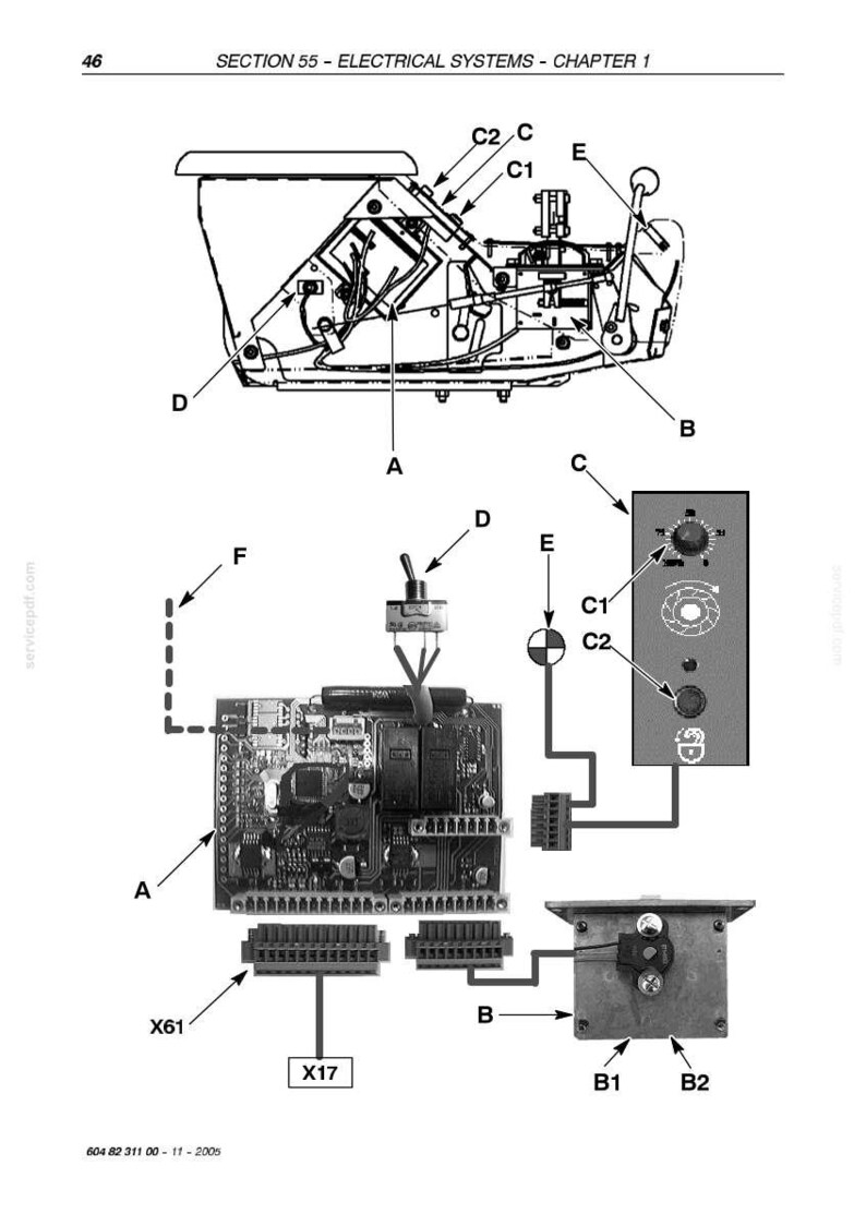 K&ouml;nnte beinhalten: Diagramm elektrischer Komponenten, einschlie&szlig;lich einer Leiterplatte, Schaltern und Anschl&uuml;ssen. Das Diagramm ist mit Buchstaben und Zahlen beschriftet und enth&auml;lt den Text "SECTION 55 - ELECTRICAL SYSTEMS - CHAPTER 1".