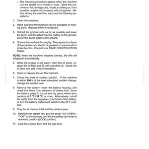 May include: A page from a maintenance manual detailing storage procedures for a machine. Instructions include cleaning, checking parts, retracting rods, greasing, draining oil, and removing the battery. The text also mentions a temperature of 32&deg;F.