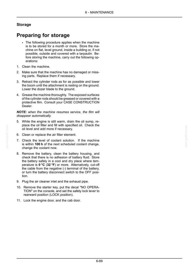 May include: A page from a maintenance manual detailing storage procedures for a machine. Instructions include cleaning, checking parts, retracting rods, greasing, draining oil, and removing the battery. The text also mentions a temperature of 32&deg;F.