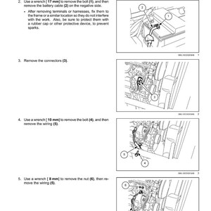 May include: Diagram illustrating the removal of an alternator, with numbered steps and close-up views of the engine components. Instructions include using wrenches of 17 mm, 10 mm, and 8 mm to remove bolts, nuts, and wiring.