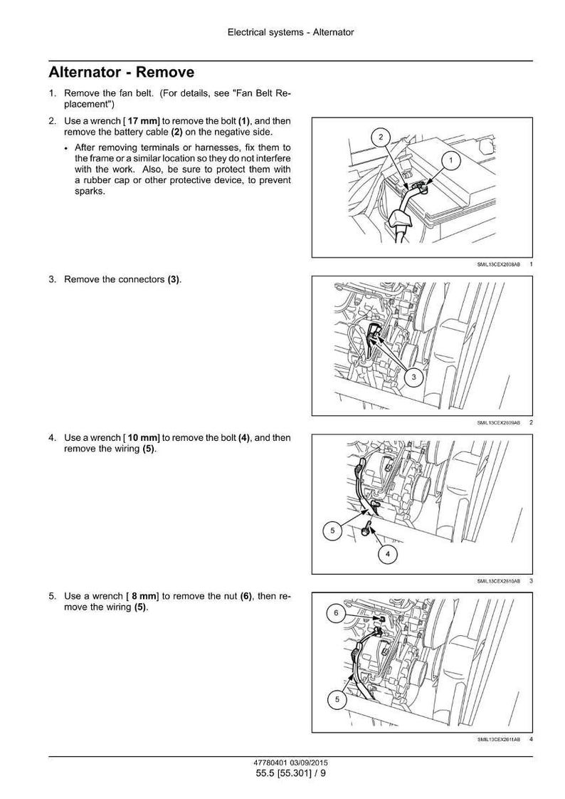 May include: Diagram illustrating the removal of an alternator, with numbered steps and close-up views of the engine components. Instructions include using wrenches of 17 mm, 10 mm, and 8 mm to remove bolts, nuts, and wiring.