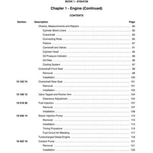May include: A page from a manual titled "SECTION 10 - ENGINE" with a table of contents. The table lists engine components like "Crankshaft," "Pistons," and "Fuel Injectors," along with page numbers. The book's number is 1-87054728.
