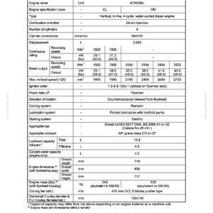May include: A detailed technical specification sheet for a 4TNV94L diesel engine. The document includes engine specifications, dimensions in millimeters, output ratings in kW and hp, and other technical details. The engine's displacement is 3.053 L.