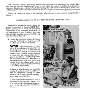 May include: A grayscale diagram of an engine component, labeled "Injection Pump Governor Housing." Text details altitude adjustment procedures, including the "Full Load Fuel Delivery Stop Screw." Figure I-68 is referenced.