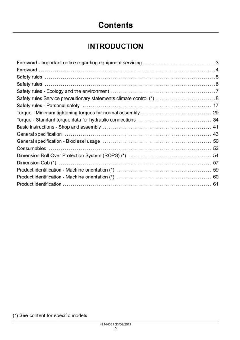 May include: A page from a manual titled "Contents" with the heading "INTRODUCTION." The table of contents lists various topics, including safety rules, torque specifications, and product identification. The document is dated 23/06/2017.