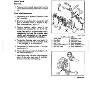 May include: A technical manual page titled Front Axle - Front Wheel Drive - Overhaul, featuring black and white line drawings of mechanical components labeled 1 through 12, including a wheel shaft, gear case, and steering arm with assembly instructions.