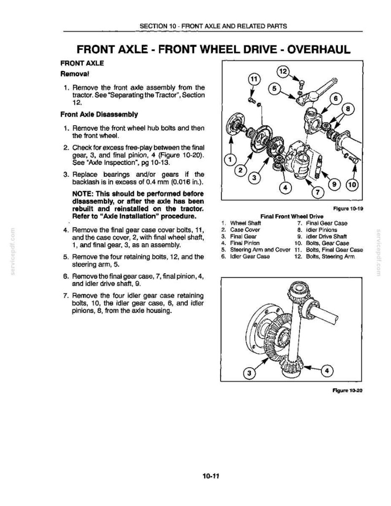 May include: A technical manual page titled Front Axle - Front Wheel Drive - Overhaul, featuring black and white line drawings of mechanical components labeled 1 through 12, including a wheel shaft, gear case, and steering arm with assembly instructions.