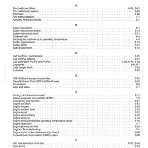 May include: Index page from a manual, listing various vehicle components and systems. The text is organized alphabetically, with page numbers provided for each item, such as "Air conditioner filters" and "Engine oil level."