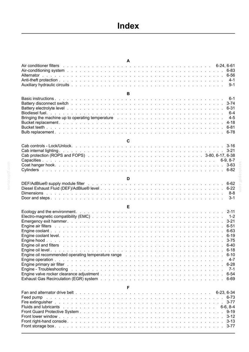 May include: Index page from a manual, listing various vehicle components and systems. The text is organized alphabetically, with page numbers provided for each item, such as "Air conditioner filters" and "Engine oil level."