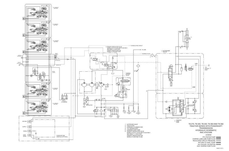 Pu&ograve; includere: Un diagramma schematico dettagliato in bianco e nero del sistema idraulico di un trattore. Il diagramma include vari componenti, linee ed etichette, fornendo un'illustrazione tecnica della funzionalit&agrave; del sistema. Il testo include "TK275, TK300, TK330, TK360 E TK390 TRACTOR SERIES WITH POWERSHIFT TRANSMISSION".