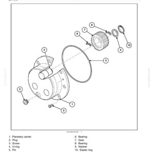 May include: An exploded diagram of a planetary and final drive reduction gear system. The image includes a planetary carrier, plug, screw, O-ring, pin, bearings, gear, washer, and elastic ring. The diagram is labeled with part numbers.
