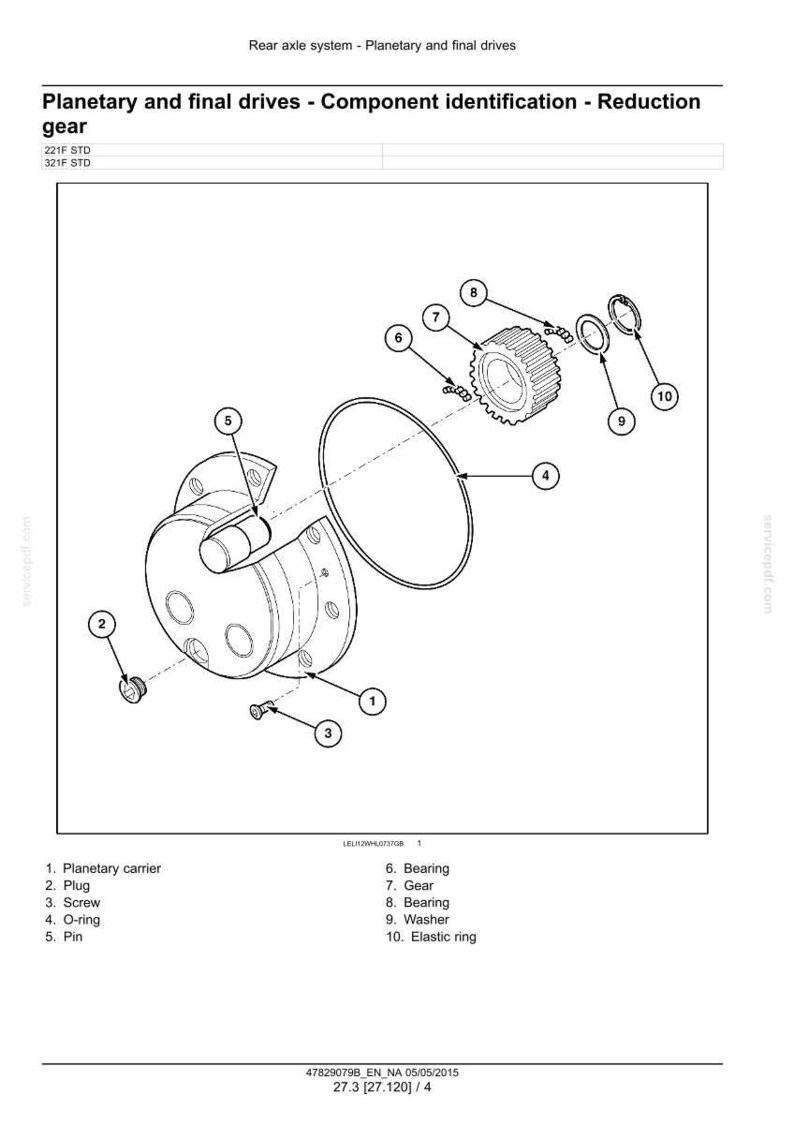 May include: An exploded diagram of a planetary and final drive reduction gear system. The image includes a planetary carrier, plug, screw, O-ring, pin, bearings, gear, washer, and elastic ring. The diagram is labeled with part numbers.