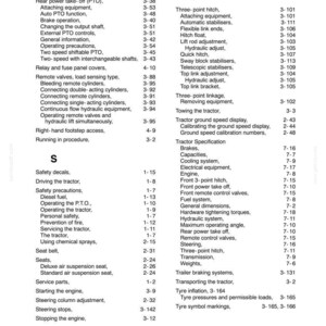May include: A black and white index page from a technical manual labeled Section 9. The text lists topics starting with R, S, and T, including Radio/cassette player, Safety decals, and Three-point hitch, each followed by its corresponding page number.