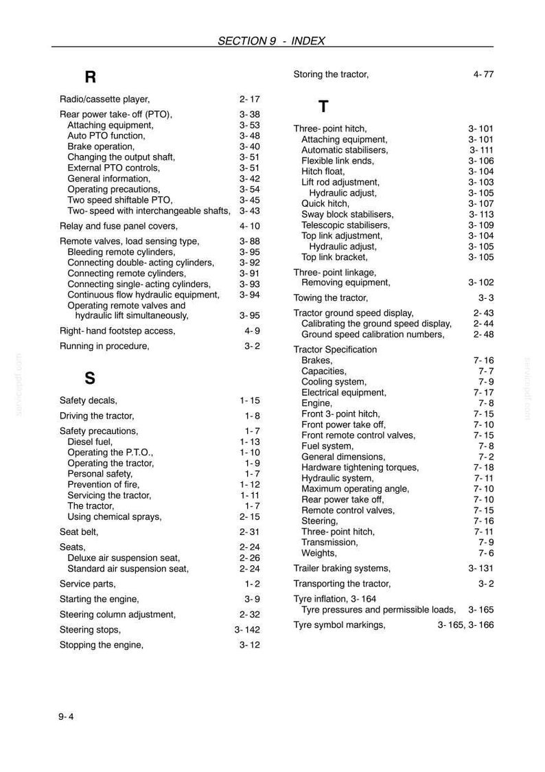 May include: A black and white index page from a technical manual labeled Section 9. The text lists topics starting with R, S, and T, including Radio/cassette player, Safety decals, and Three-point hitch, each followed by its corresponding page number.