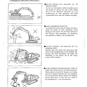 May include: A technical document page titled PROHIBITED MACHINE OPERATION featuring four black and white line drawings of an excavator. Each illustration shows a forbidden action marked with an X, accompanied by instructional text for safe operation.