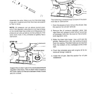 May include: Technical diagram with instructions for engine maintenance. The image shows detailed illustrations of engine components, including the oil drain hole, with accompanying text. Step-by-step procedures are outlined for servicing the engine.