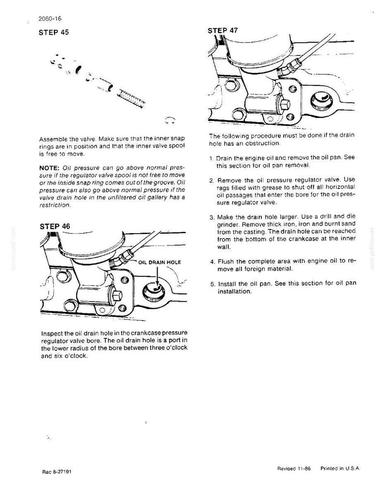 May include: Technical diagram with instructions for engine maintenance. The image shows detailed illustrations of engine components, including the oil drain hole, with accompanying text. Step-by-step procedures are outlined for servicing the engine.