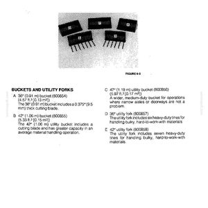 May include: A technical diagram labeled Figure 6-3 showing five pieces of optional equipment: three buckets labeled A, B, and C, and two utility forks labeled D and E. The text lists specifications for 36-inch, 42-inch, and 47-inch buckets and forks.