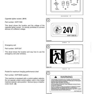 May include: Diagrams and safety information, including a 24V cigarette lighter socket symbol, emergency exit instructions, and a warning about control pattern selectors. The image includes text and symbols.