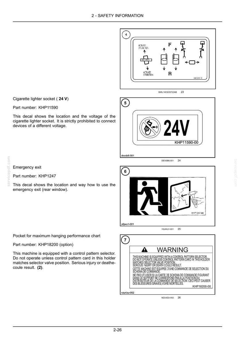 May include: Diagrams and safety information, including a 24V cigarette lighter socket symbol, emergency exit instructions, and a warning about control pattern selectors. The image includes text and symbols.