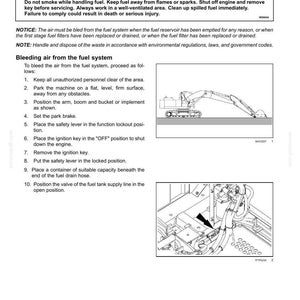 May include: A page from a maintenance manual detailing the process of bleeding air from a fuel system. Includes a diagram of a construction vehicle and instructions. The text warns of flammable fuel vapors and safety precautions.