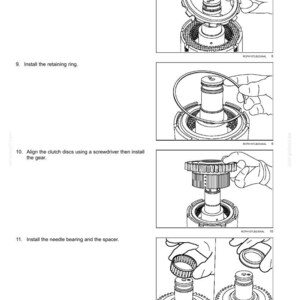 May include: Diagram of a powershift transmission assembly process. The image shows the steps for installing the thrust plate, retaining ring, gear, needle bearing, and spacer. Text includes instructions and part numbers.