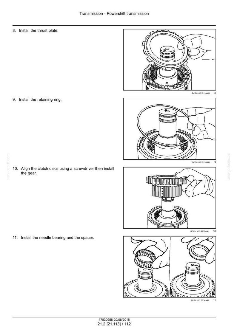 May include: Diagram of a powershift transmission assembly process. The image shows the steps for installing the thrust plate, retaining ring, gear, needle bearing, and spacer. Text includes instructions and part numbers.