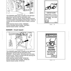 May include: Safety information signs with "DANGER" warnings. One sign warns of a run-over hazard, advising to block wheels and disengage the parking brake. Another sign warns of a crush hazard, cautioning about servicing valves.