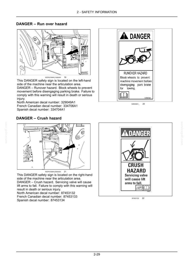 May include: Safety information signs with "DANGER" warnings. One sign warns of a run-over hazard, advising to block wheels and disengage the parking brake. Another sign warns of a crush hazard, cautioning about servicing valves.