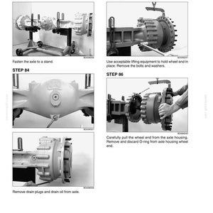 May include: A grayscale diagram illustrating the differential carrier disassembly process. The image shows various steps, including fastening the axle to a stand, removing drain plugs, and pulling the wheel end. Text labels and diagrams provide detailed instructions.