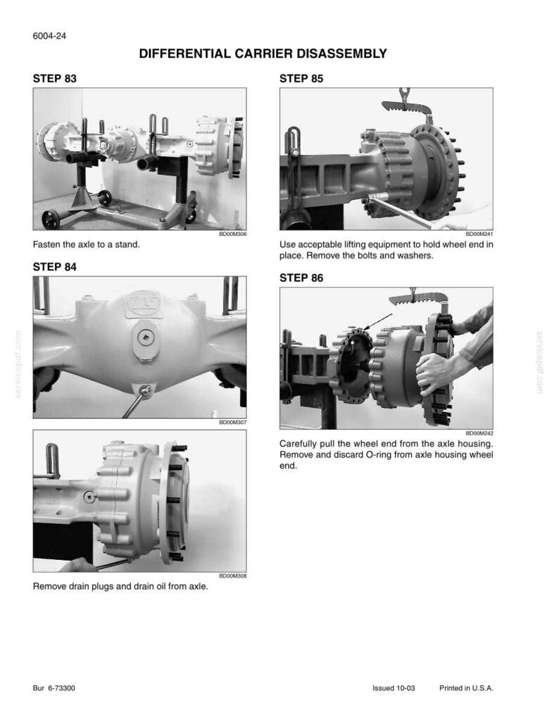 May include: A grayscale diagram illustrating the differential carrier disassembly process. The image shows various steps, including fastening the axle to a stand, removing drain plugs, and pulling the wheel end. Text labels and diagrams provide detailed instructions.