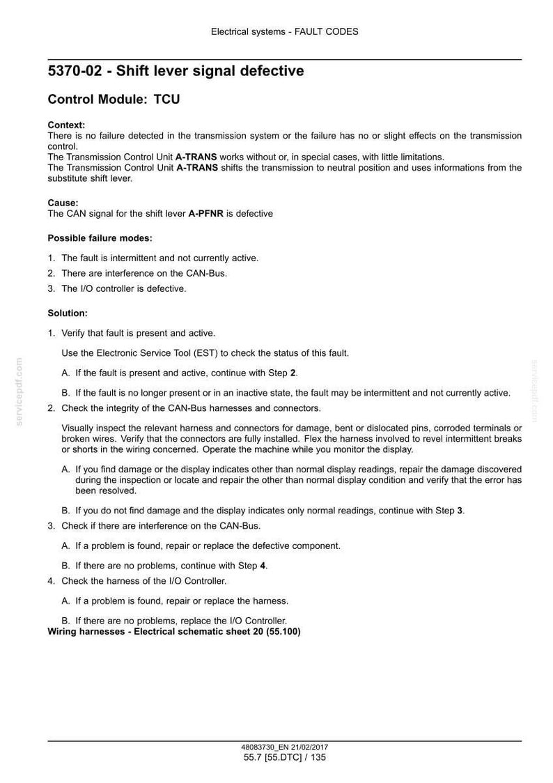 May include: A document titled "Electrical systems - FAULT CODES" with the text "5370-02 - Shift lever signal defective." The document provides troubleshooting steps for a defective shift lever signal.