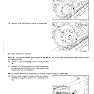 May include: Diagram of a track suspension system with labeled components. Includes instructions for removing bolts, covers, and guards. The drive sprocket weighs approximately 200 lb. and the oil capacity is approximately 3 US gal.