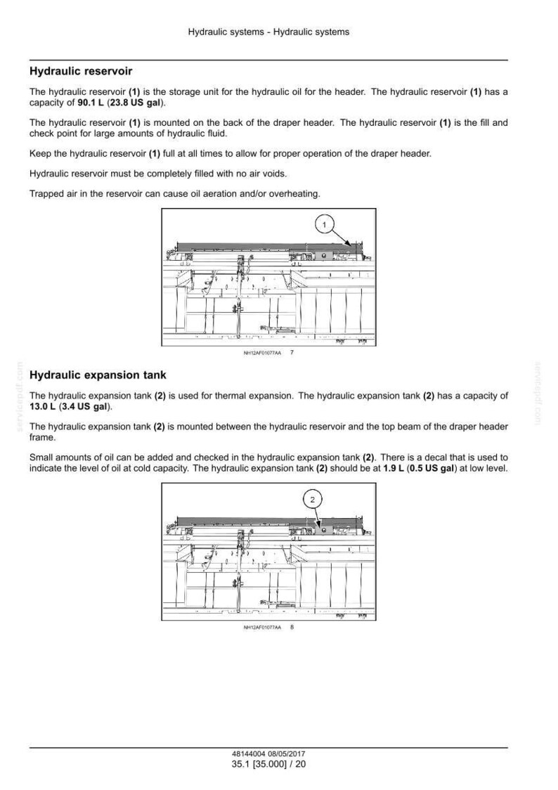 May include: Diagram of a hydraulic system with labels for the hydraulic reservoir and expansion tank. The reservoir holds 23.8 US gallons, and the expansion tank holds 3.4 US gallons. The image includes technical details.