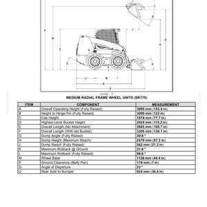Puede incluir: Diagrama de una unidad de rueda de bastidor radial mediano (SR175) con especificaciones. Las medidas incluyen la altura total de funcionamiento (3895 mm), la altura de la cabina (1974 mm) y la longitud total con cuchara est&aacute;ndar (3305 mm).