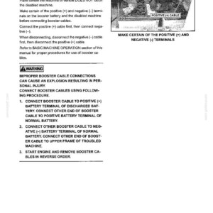 May include: A black and white technical manual page titled 1. SAFETY PRECAUTIONS, featuring text instructions for USING BOOSTER CABLES and a diagram showing the NEGATIVE (-) CABLE and POSITIVE (+) CABLE connections on a battery terminal.