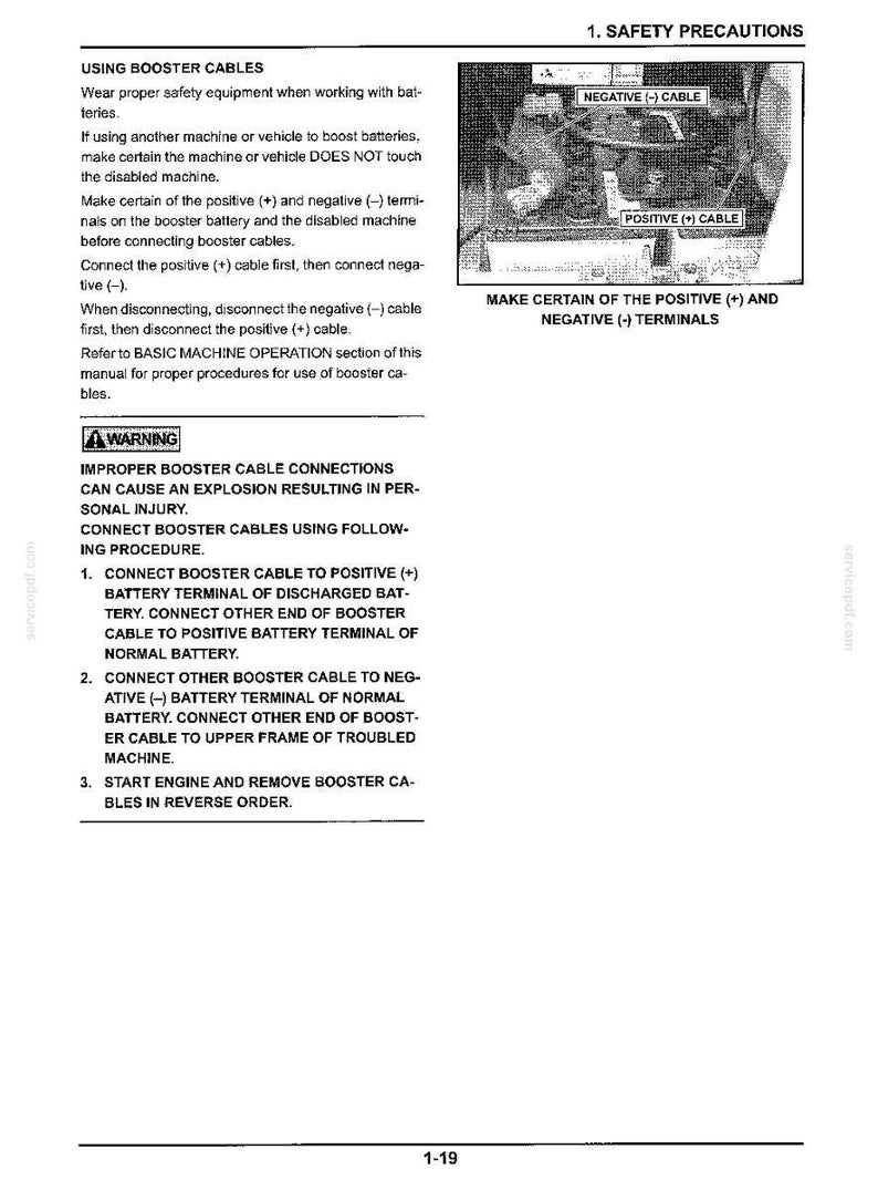 May include: A black and white technical manual page titled 1. SAFETY PRECAUTIONS, featuring text instructions for USING BOOSTER CABLES and a diagram showing the NEGATIVE (-) CABLE and POSITIVE (+) CABLE connections on a battery terminal.
