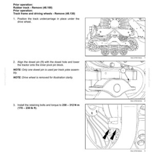 May include: Diagram of track frame and driving wheels installation. Includes illustrations of the tractor's undercarriage, dowel pin alignment, and bolt installation. Text includes torque specifications of 230-312 N-m (170-230 lb ft).