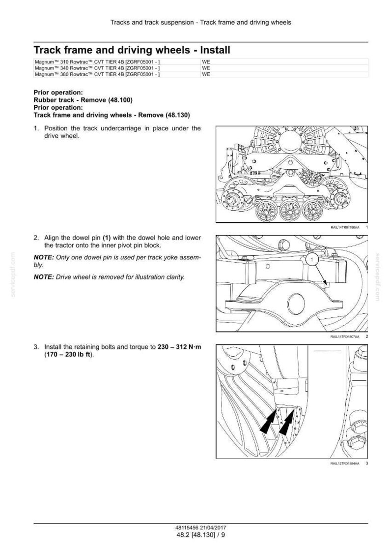 May include: Diagram of track frame and driving wheels installation. Includes illustrations of the tractor's undercarriage, dowel pin alignment, and bolt installation. Text includes torque specifications of 230-312 N-m (170-230 lb ft).