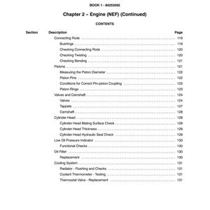 May include: A page from a manual titled "SECTION 10 - ENGINE" with a table of contents for Chapter 2, Engine (NEF). The table lists sections like Connecting Rods, Pistons, Valves, and Cylinder Head, with corresponding page numbers.